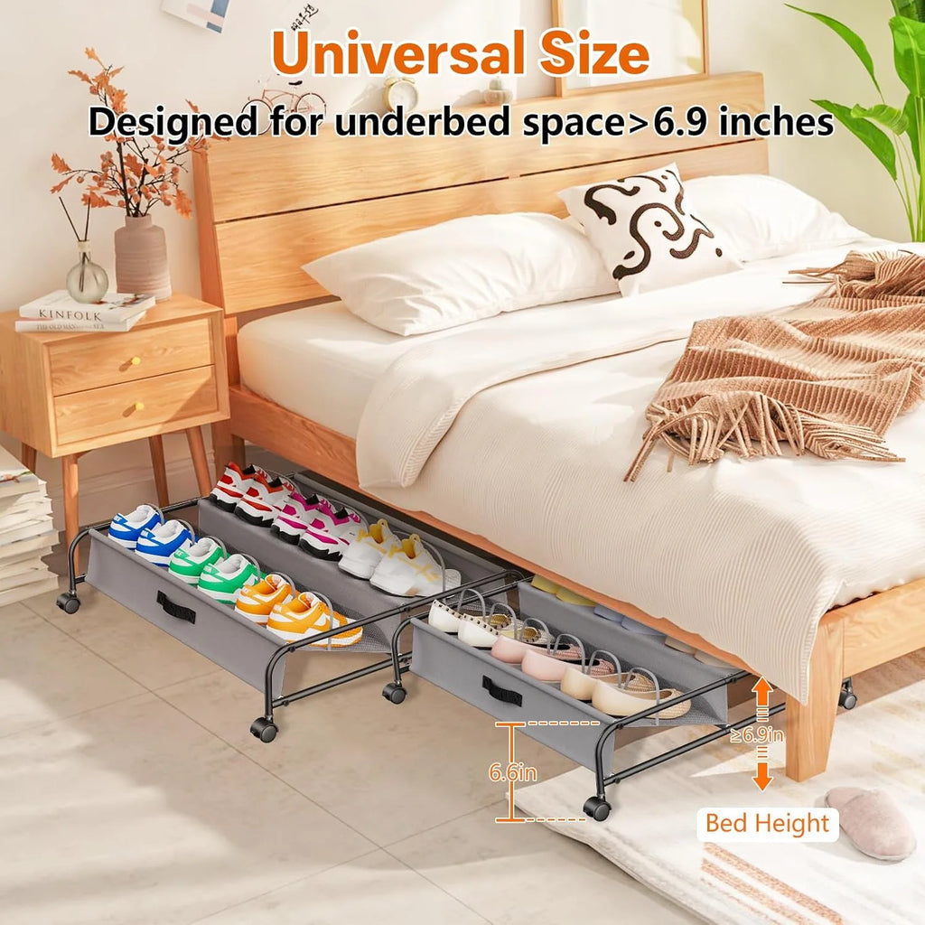 2 Pack Rolling Under Bed Shoe Storage with Breathable Mesh Pockets L30994