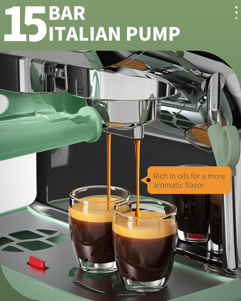 15 Bar Espresso Machine with Grinder and Steam Wand, 68Oz Water Tank, Green U75472