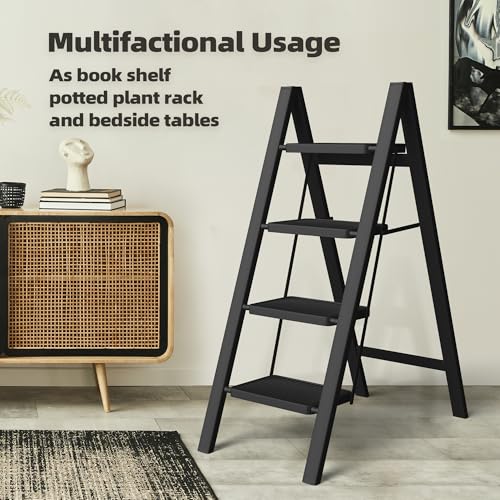 Black Steel Folding Step Ladder with Anti-Slip Wide Pedal F93590