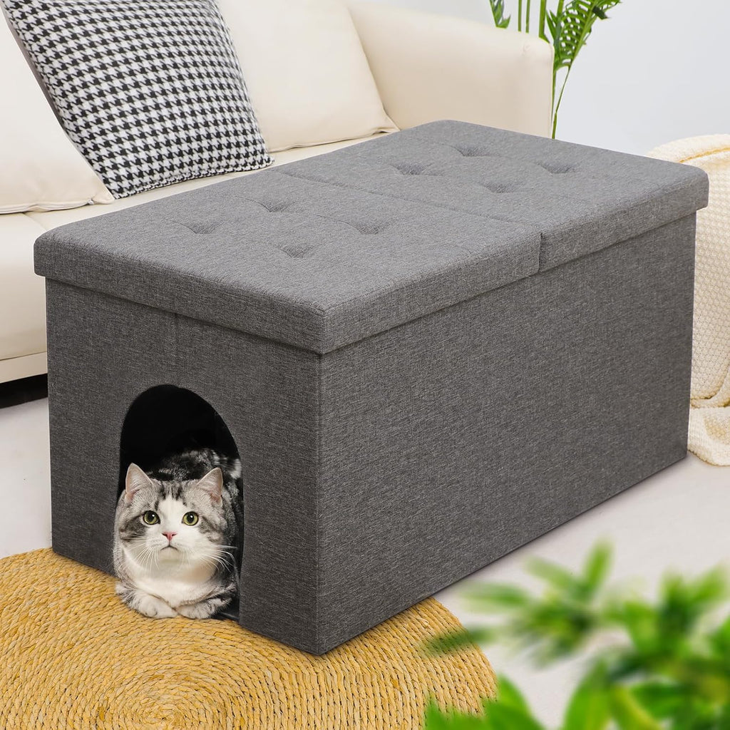 Gray Cat Litter Box Enclosure Furniture Ottoman with Flip-Up Lid (30 x 20 x 20 Inches) F12788