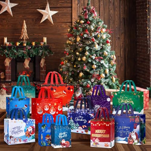 24 Pack Assorted Sizes Reusable Non-Woven Christmas Gift Bags J168926