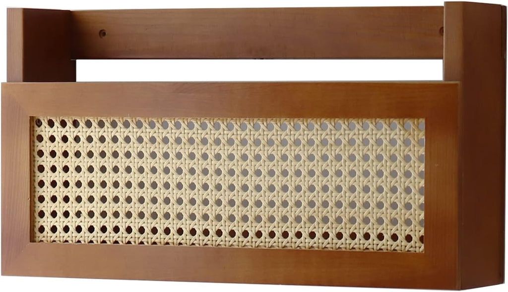 Wall Wood Magazine Rack with PE Rattan Grid, Size 17.3" x 4" x 9.4", Brown Q3319