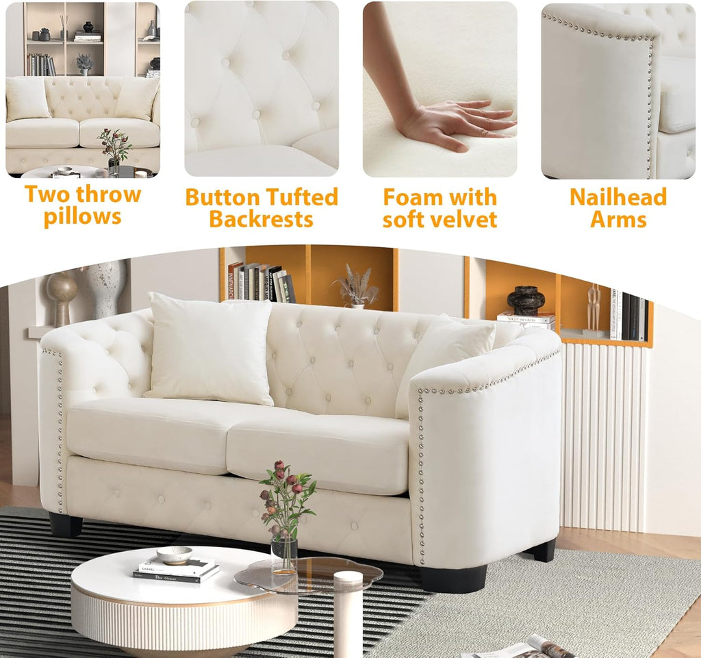 Beige Velvet 3-Seater Sofa with 2 Pillows S5464