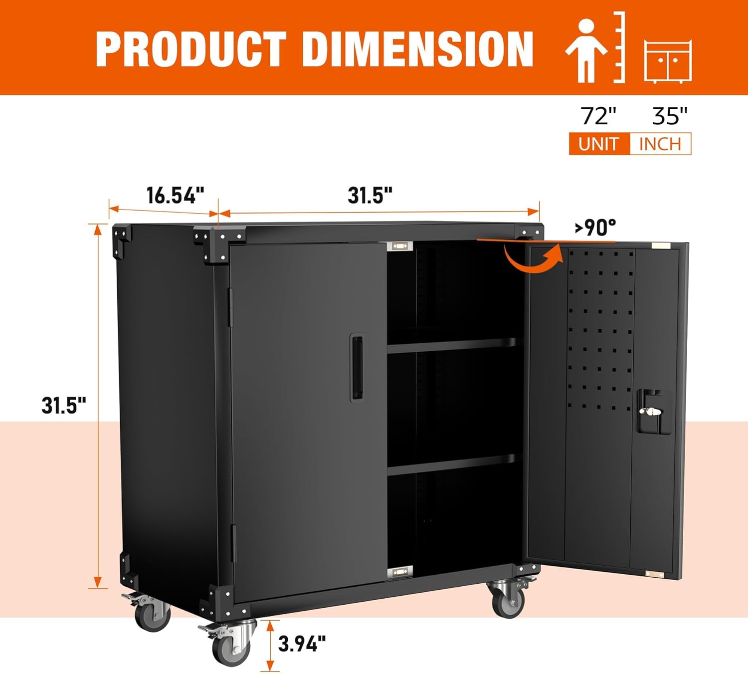 Black Metal Steel Storage Cabinet with Wheels and Pegboard I9212