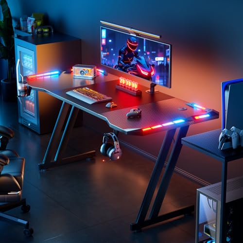 47 Inch Gaming Desk with LED Lights Carbon Fibre Surface N163