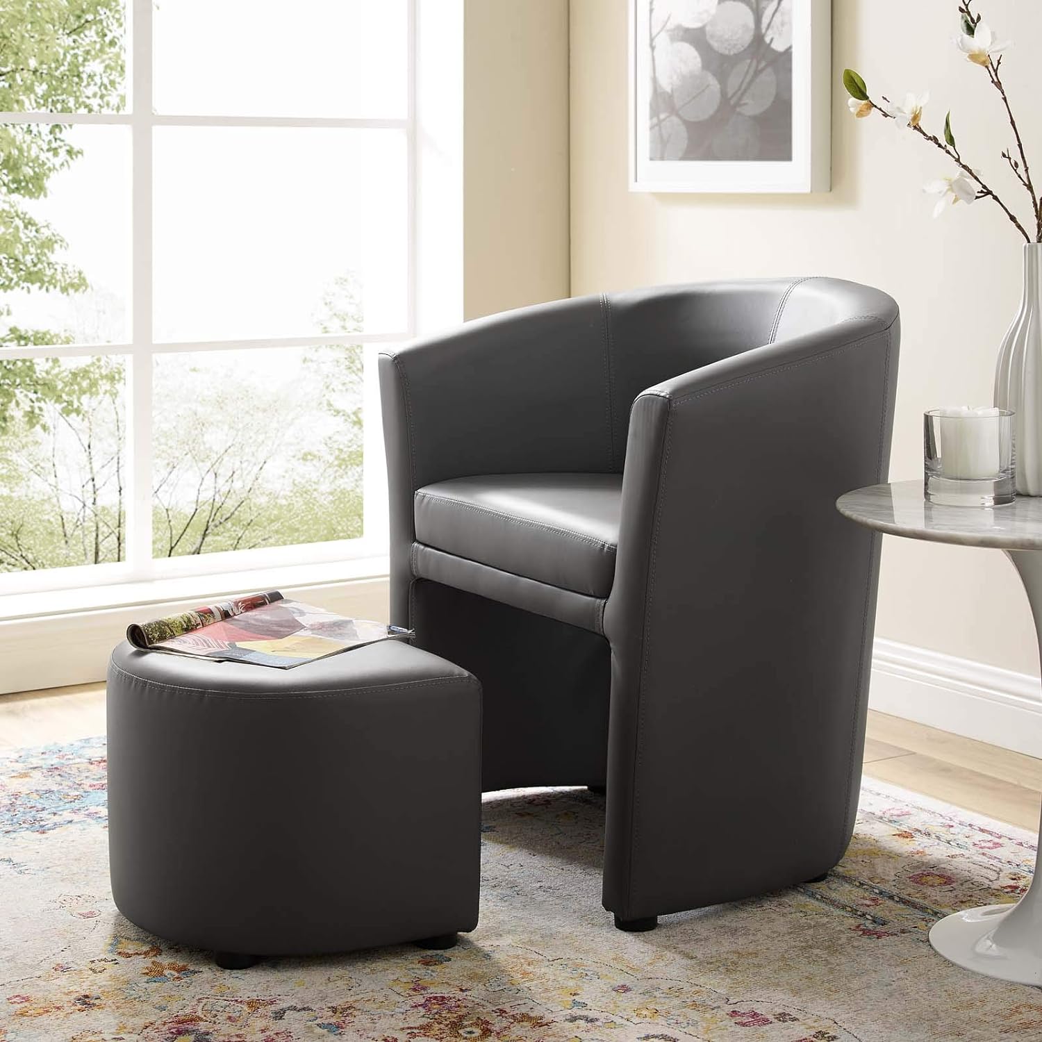 Gray Faux Leather Armchair And Ottoman Set Y9839