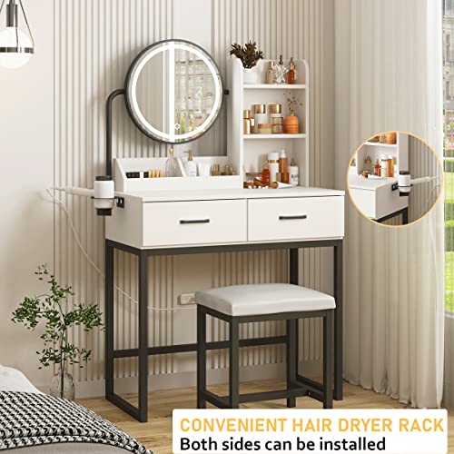 White Vanity Desk with Round Mirror and Lights and Hair Dryer Rack (Brown and Black, 15.75 * 31.5 * 53.6in) M372