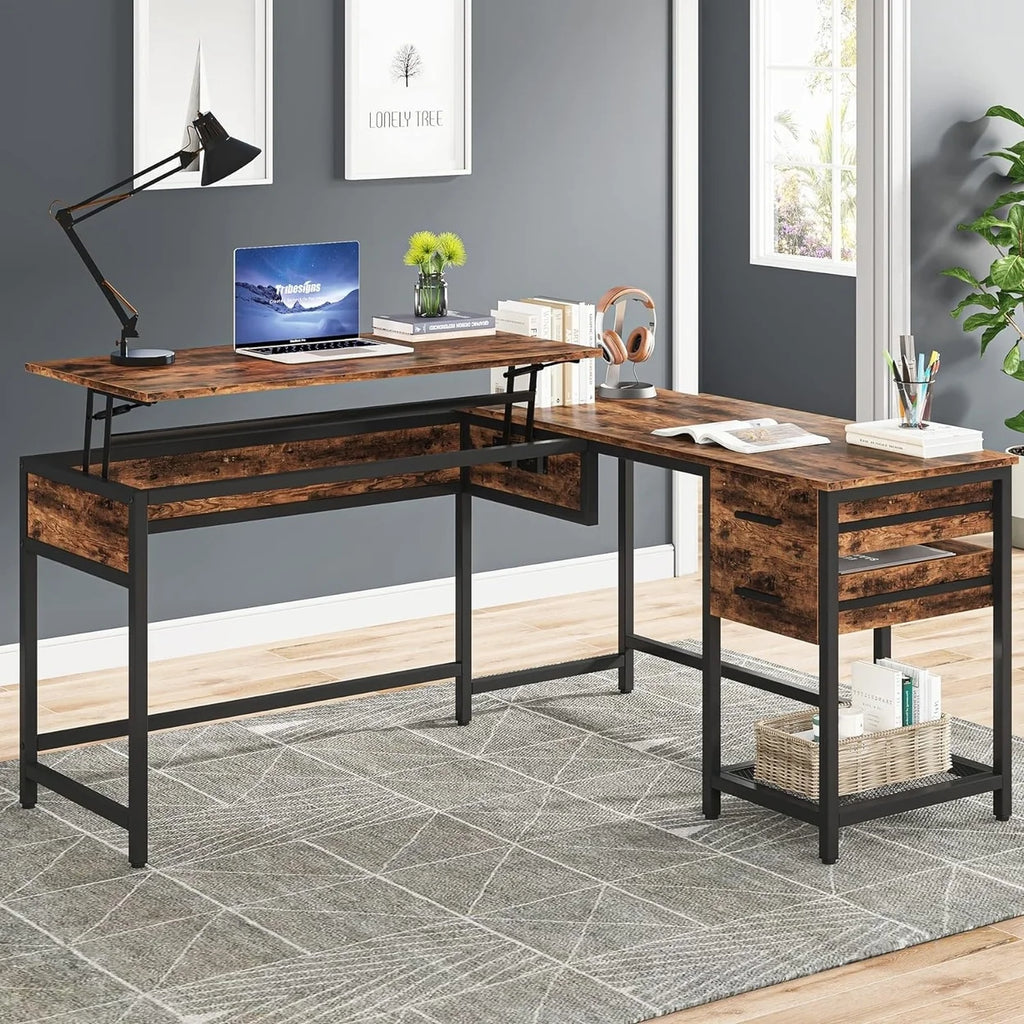 L-Shaped 59" Computer Desk with Drawers Corner Desk with Lift Top S808114