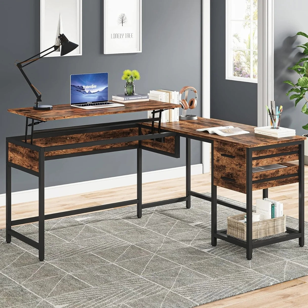 L-Shaped 59" Computer Desk with Drawers Corner Desk with Lift Top S808114