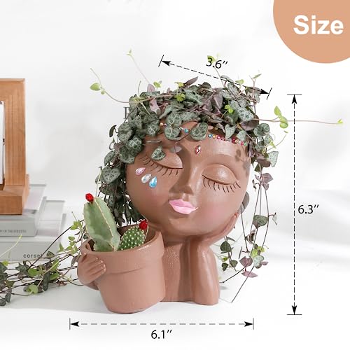 Khaki Lady Face Planter Pot with Drainage Hole R73216