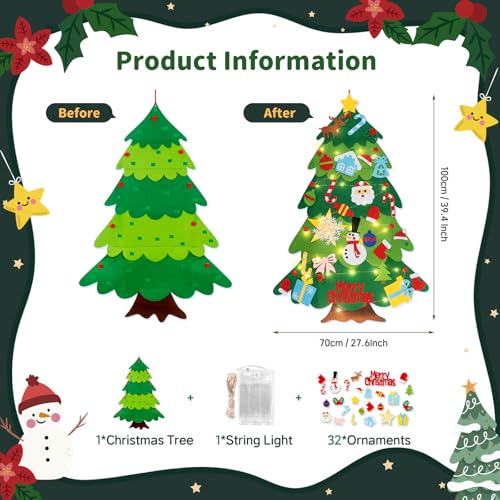 3.3FT Felt Christmas Tree with 32 Ornaments and String Lights W565