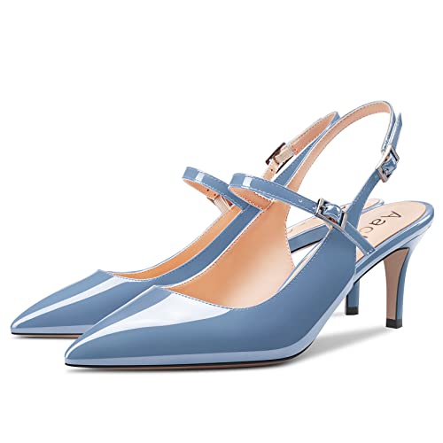 Women Pumps Pointed Toe Ankle Strap Slingback Stiletto Kitten Low Heel Dress Shoes Patent 2.5 Inch H272