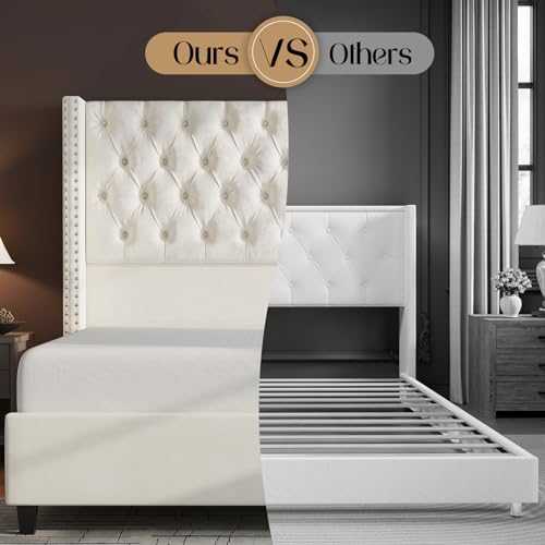 King Upholstered Bed Frame with Tall Headboard Wingback Platform Bed Tufted Deep Button Velvet Light Grey X1926