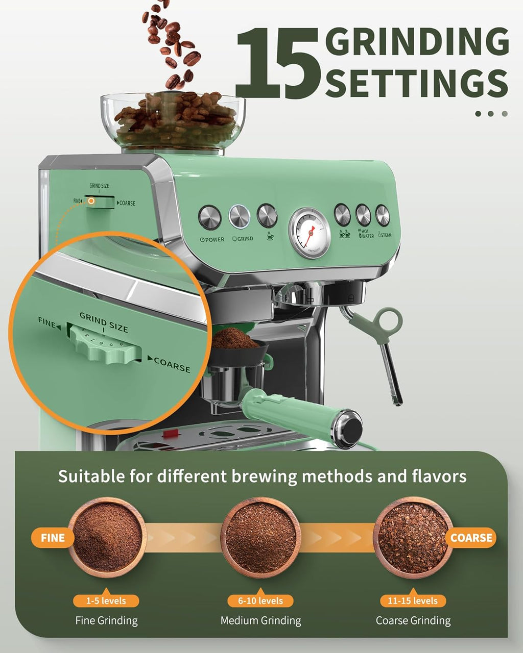 15 Bar Espresso Machine with Grinder and Steam Wand, 68Oz Water Tank, Green U75472