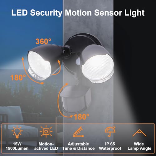 15W 1500 Lumen LED Security Lights with Motion Sensor Outdoor, 3000K/5000K Light, IP65 Waterproof, Dusk to Dawn, Dual-Head Flood Wall Light (Black) W116