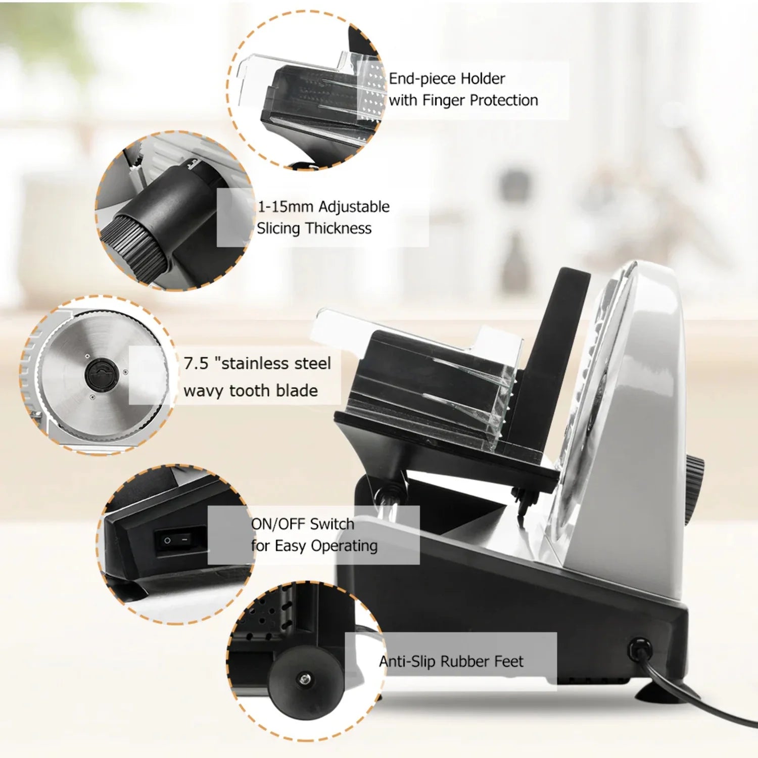 Electric Deli Food Slicer with Removable 7.5'' Serrated & Stainless Steel Blade F977983