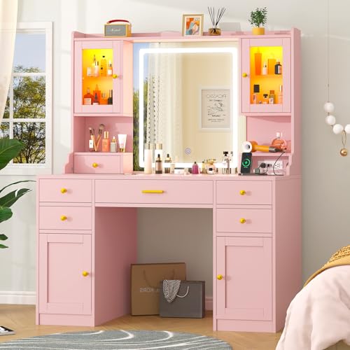 White Makeup Vanity Desk with Mirror and Lights, Large Vanity Table Set with Charging Station, Dressing Table with RGB Cabinets, 3 LED Lights Modes M39437