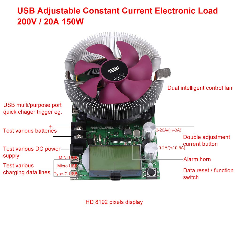 150W 200V 20A USB Adjustable Constant Current Electronic Load Battery Capacity Tester Module Power Meter P1508