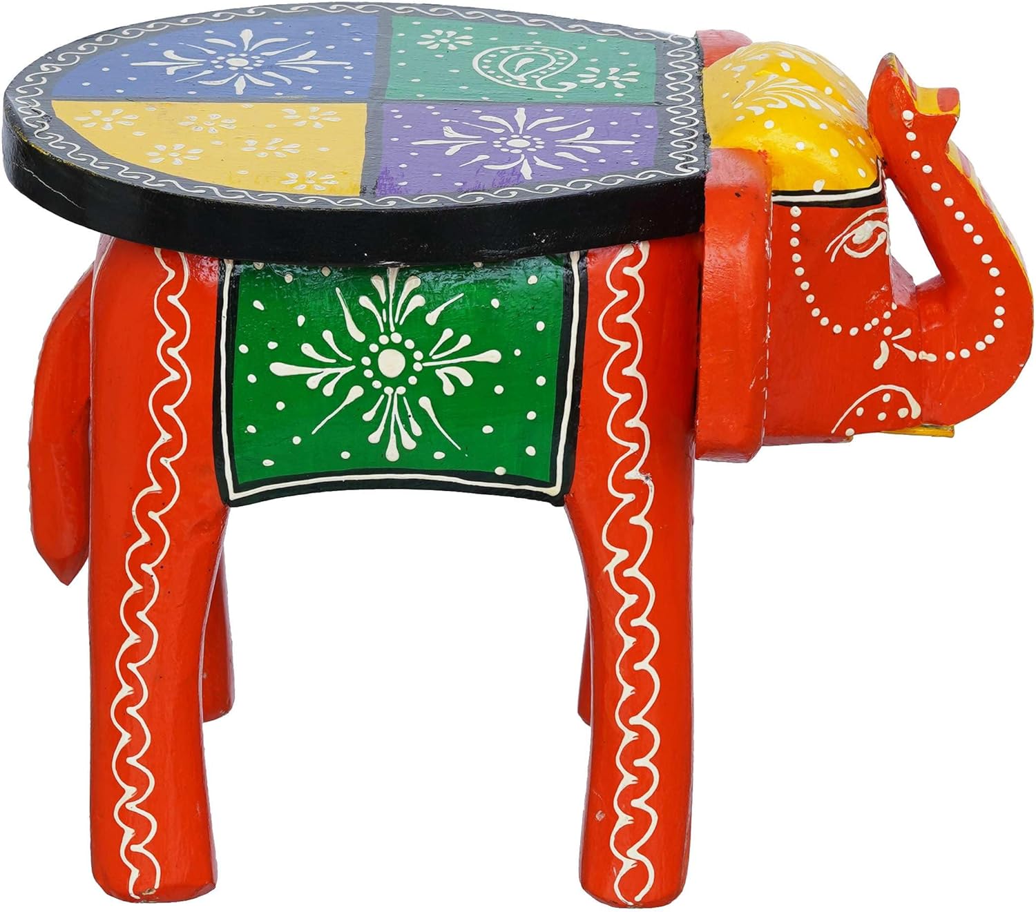 Handcrafted Emboss Painted Colorful Wooden Elephant Shape Stool Table Medium V780167