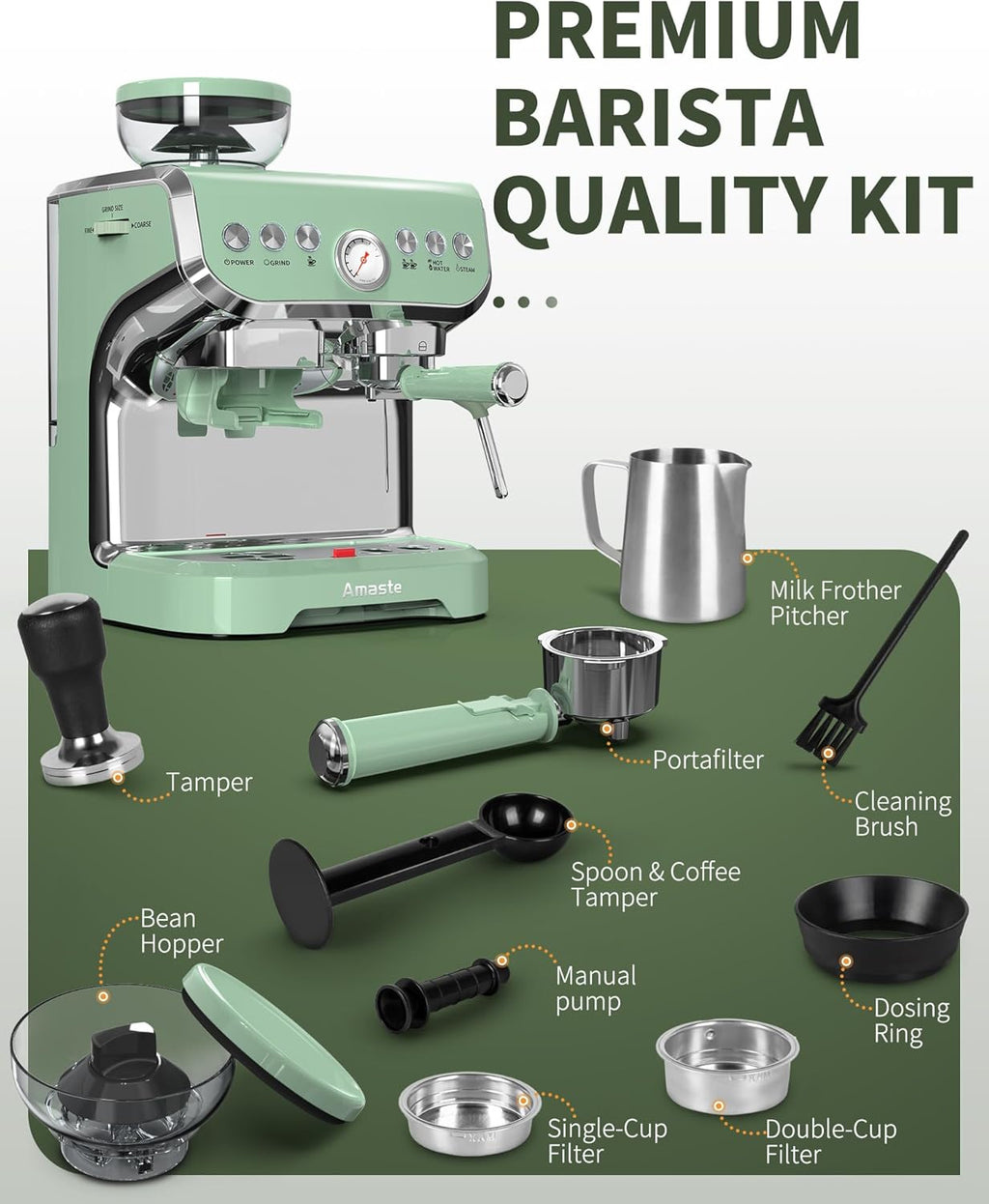 15 Bar Espresso Machine with Grinder and Steam Wand, 68Oz Water Tank, Green U75472