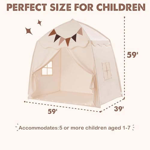Cream Extra Large Kids Play Tent with Flags & Star Lights, 59x39x59 in H711292