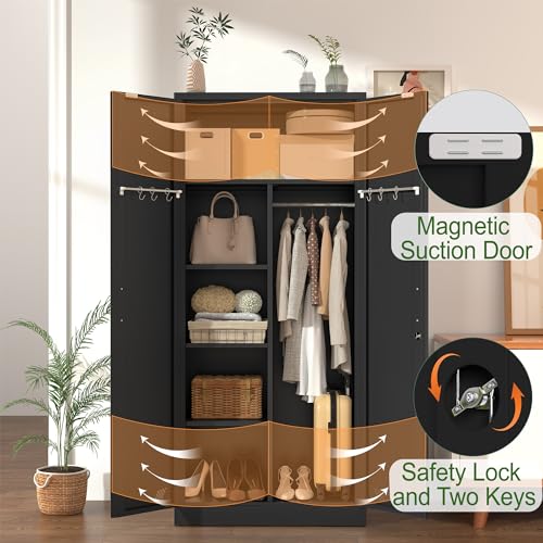 Black Metal Armoire Wardrobe with 2 Doors, 1 Adjustable Shelf, 2 Drawers, and Hanging Rod G14026