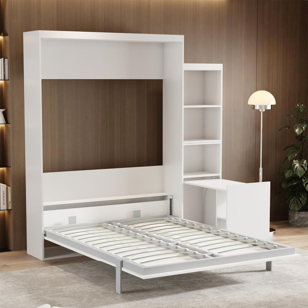 White Queen Size Vertical Murphy Bed with Desk and Drawers J502