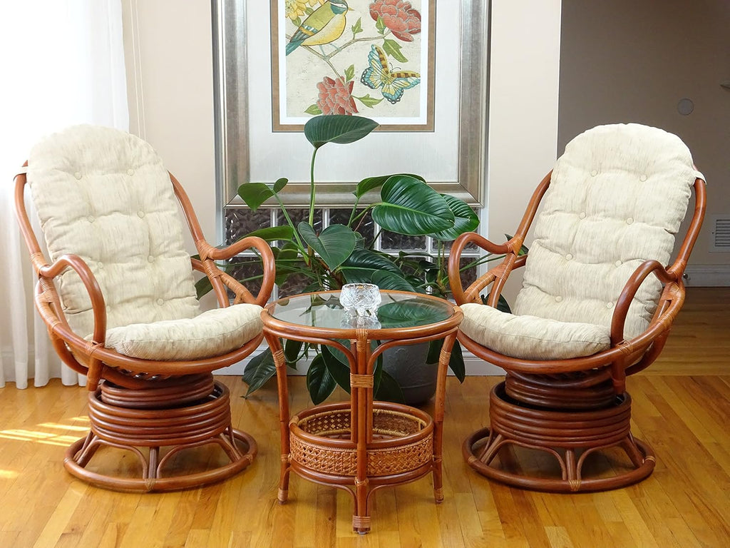 2 PC Natural Rattan Swivel Rocking Chair Set with Cream Cushion and Coffee Table S5059