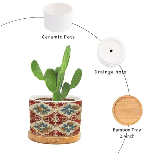 Blue And White Porcelain Ceramic Round Plant Pot with Drainage Holes And Bamboo Tray E588578